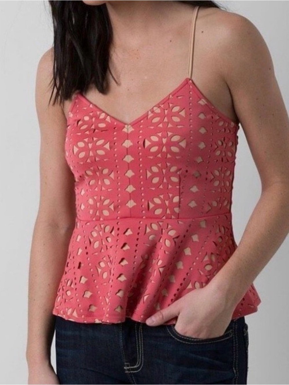 BKE Boutique Peplum Tank Top Laser Cut Fully Lined Summer Festival Boho